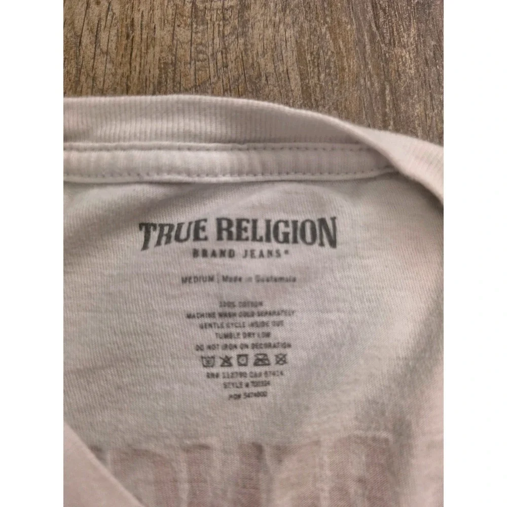 True Religion Mens White Buddha Graphic T-Shirt Medium Metallic Horseshoe Logo
